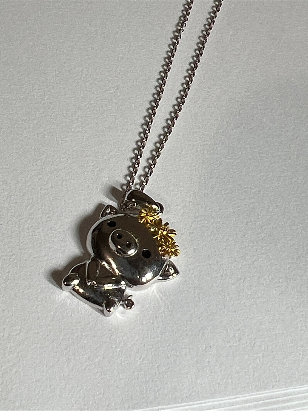 Silver Pig Pendant Cat Collar Charm with Gold Flower Accent